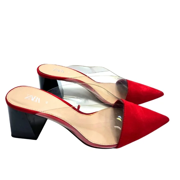 Zara Chunky Block Heeled Mules Vinyl Red High Heels Sexy Business Chic Size US 9 - Picture 3 of 12